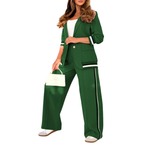 SUZETTE – Elegant Patchwork Lapel Neck Top and Elastic Waist Trouser Set