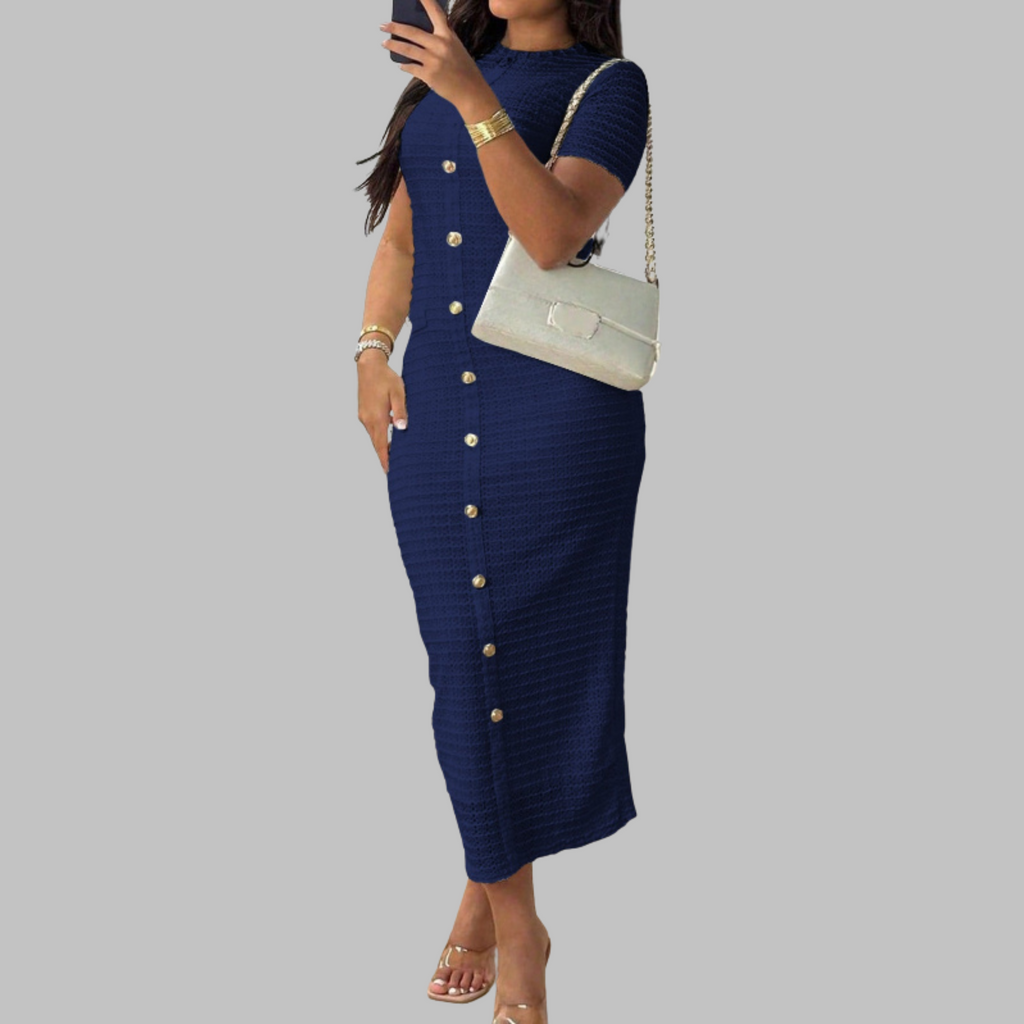 REGAN - Elegant Round Neck Fake Button Dress