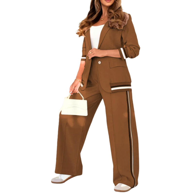 SUZETTE – Elegant Patchwork Lapel Neck Top and Elastic Waist Trouser Set