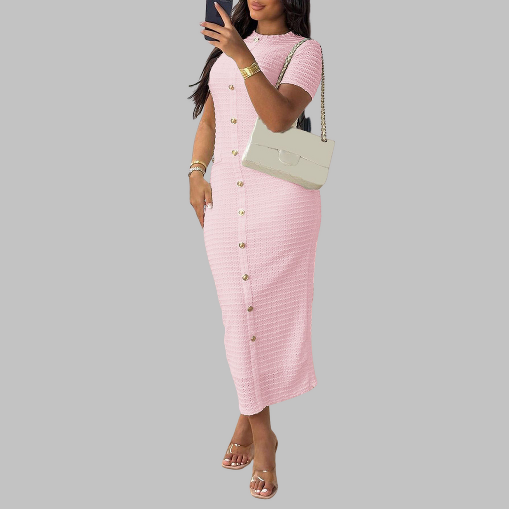 RACHEL - Elegant Round Neck Fake Button Dress