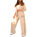 SUZETTE – Elegant Patchwork Lapel Neck Top and Elastic Waist Trouser Set