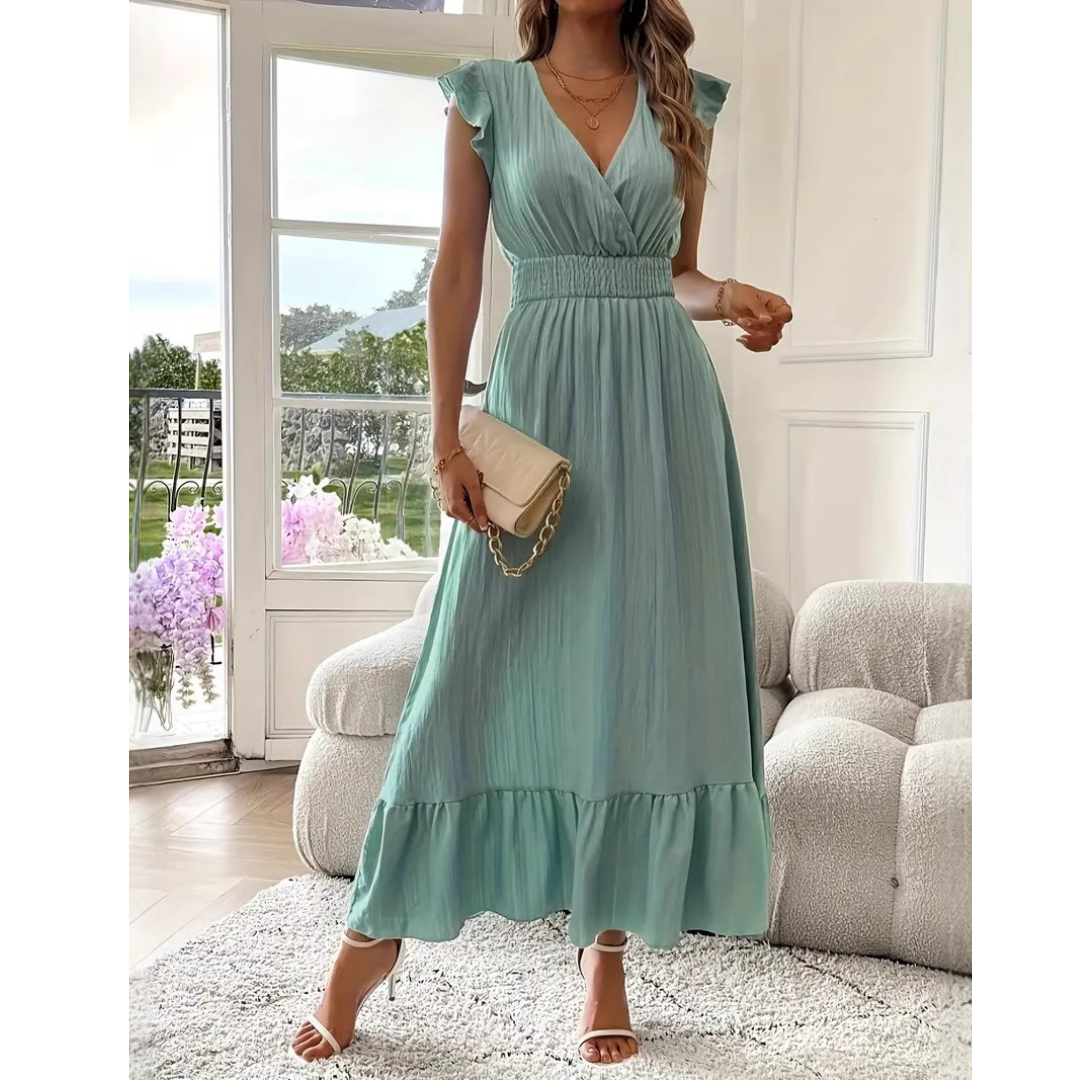 AVALERI - Elegant Shirred V-Neck Summer Maxi Dress