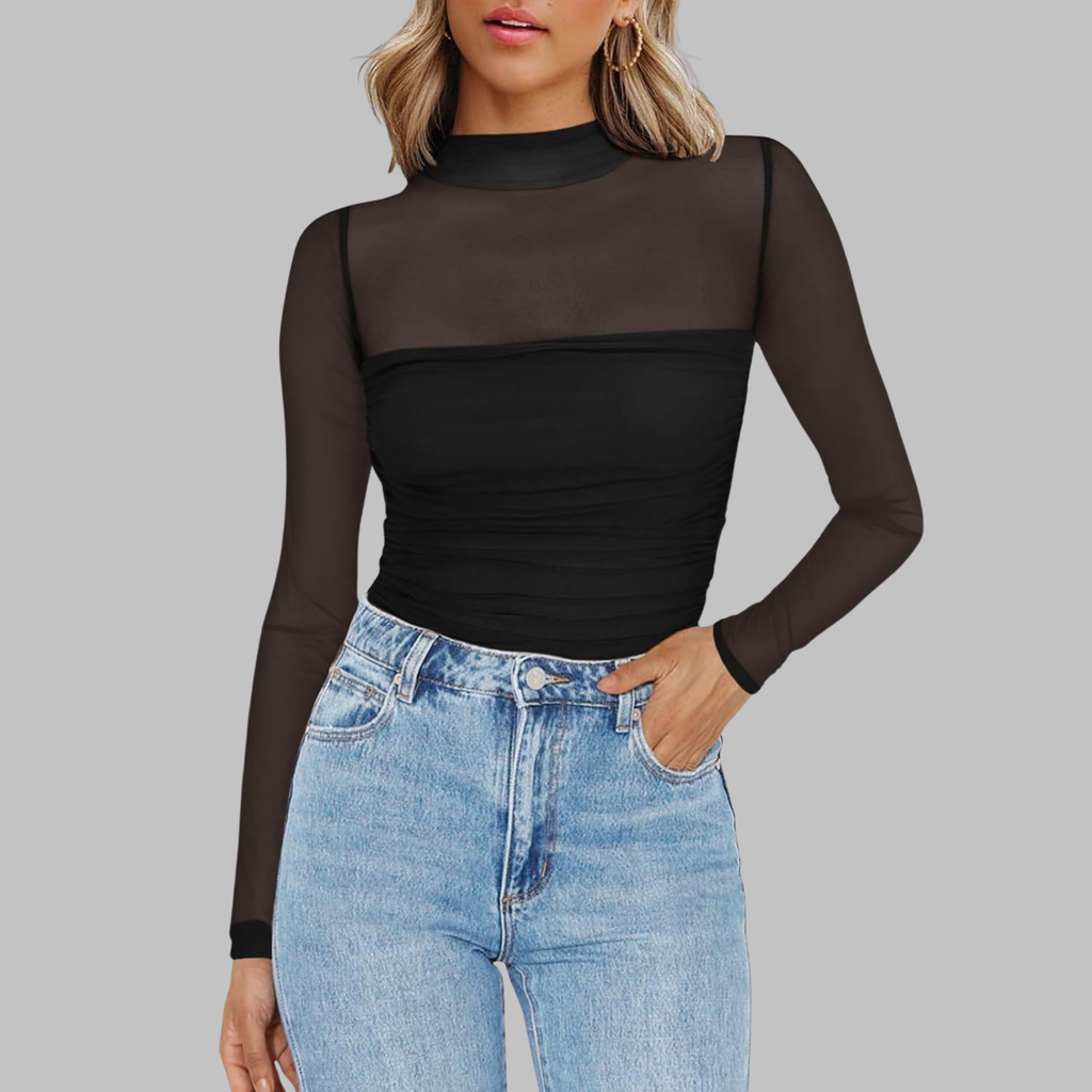 VEGA - Chic Sheer Mesh See-Through Long Sleeve Top