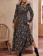 MOREN - Elegant Long Sleeve Floral Print A-Line Dress