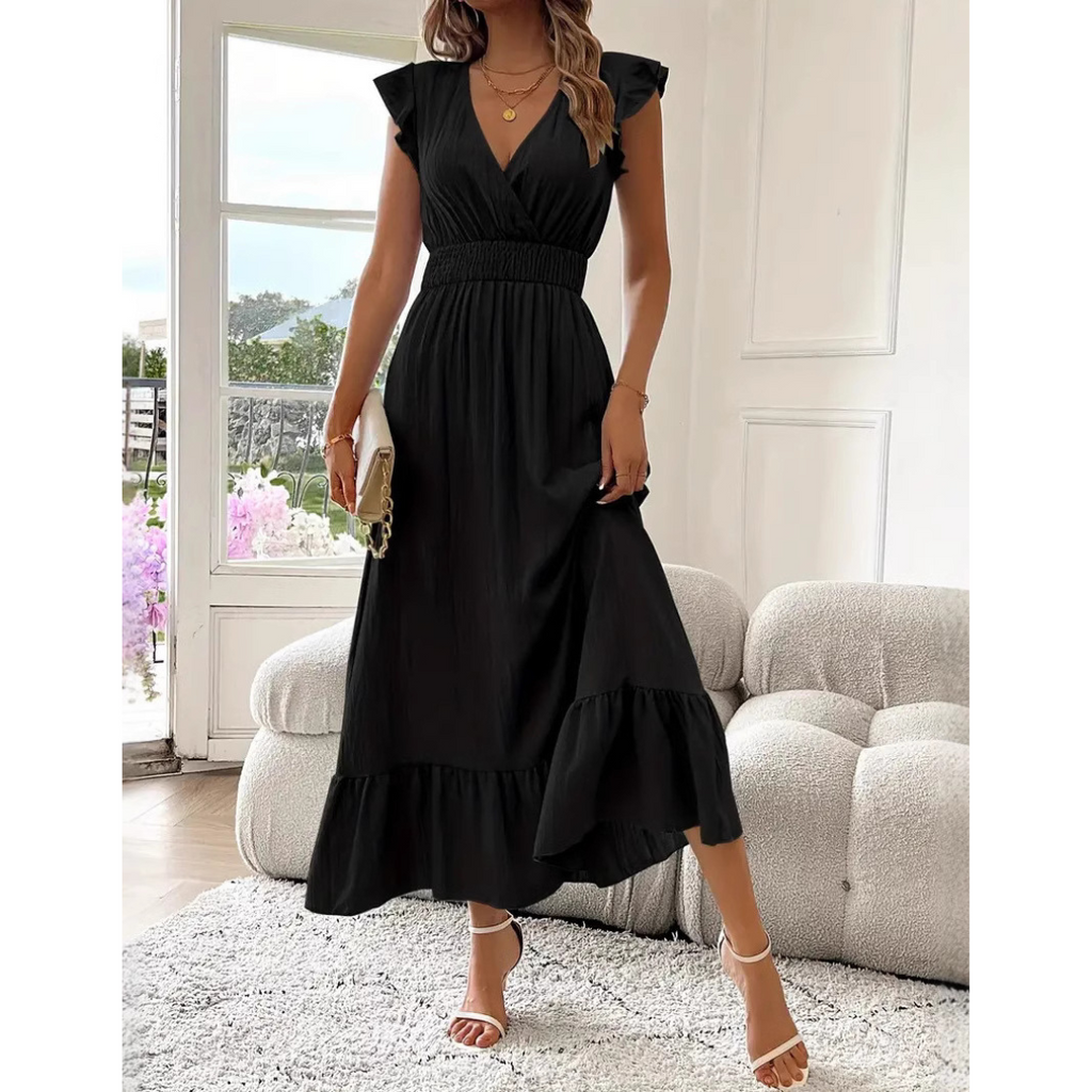 AVALERI - Elegant Shirred V-Neck Summer Maxi Dress