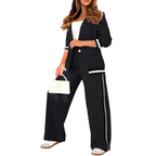 SUZETTE – Elegant Patchwork Lapel Neck Top and Elastic Waist Trouser Set