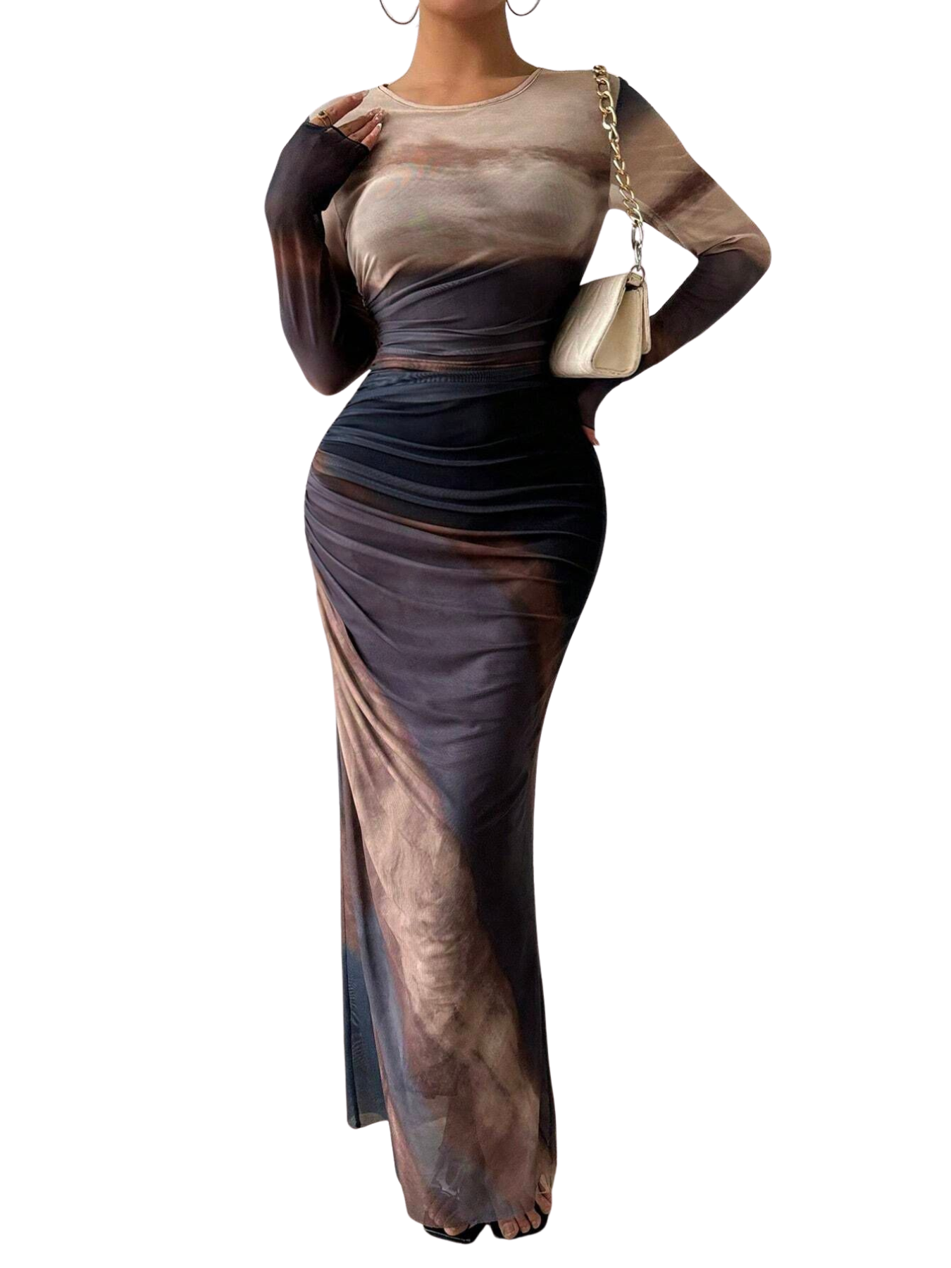 TESSIE - Women's All-Over Print Ruched Bodycon Dress Long Sleeve Round Neck Dress for Party
