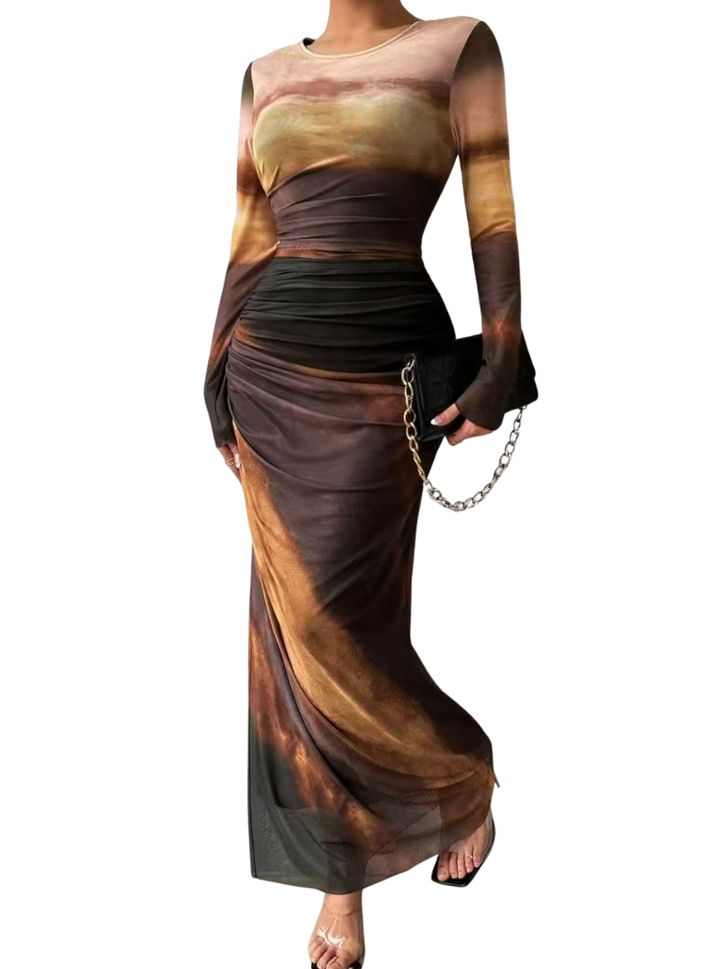 TESSIE - Women's All-Over Print Ruched Bodycon Dress Long Sleeve Round Neck Dress for Party
