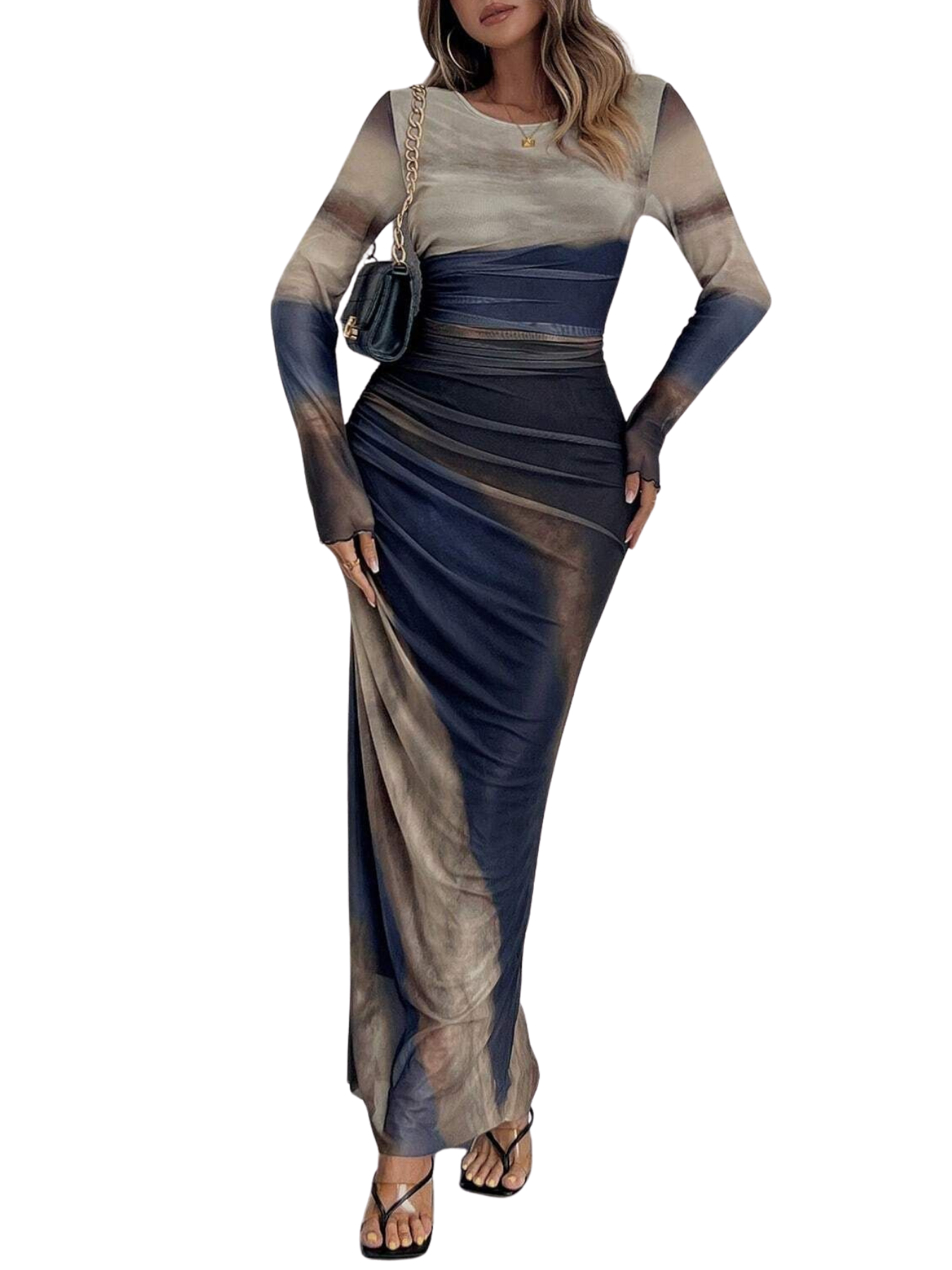 TESSIE - Women's All-Over Print Ruched Bodycon Dress Long Sleeve Round Neck Dress for Party