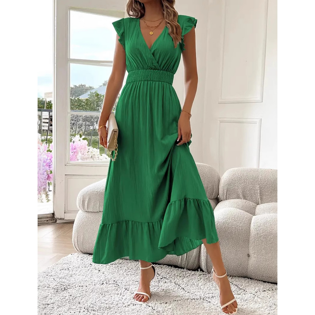 AVALERI - Elegant Shirred V-Neck Summer Maxi Dress