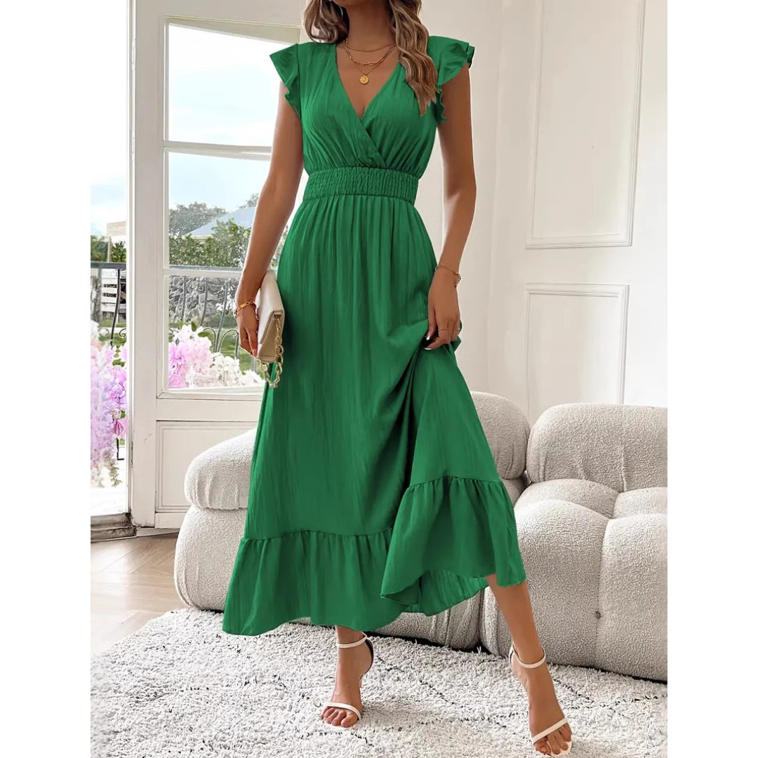 AVALERI - Elegant Shirred V-Neck Summer Maxi Dress