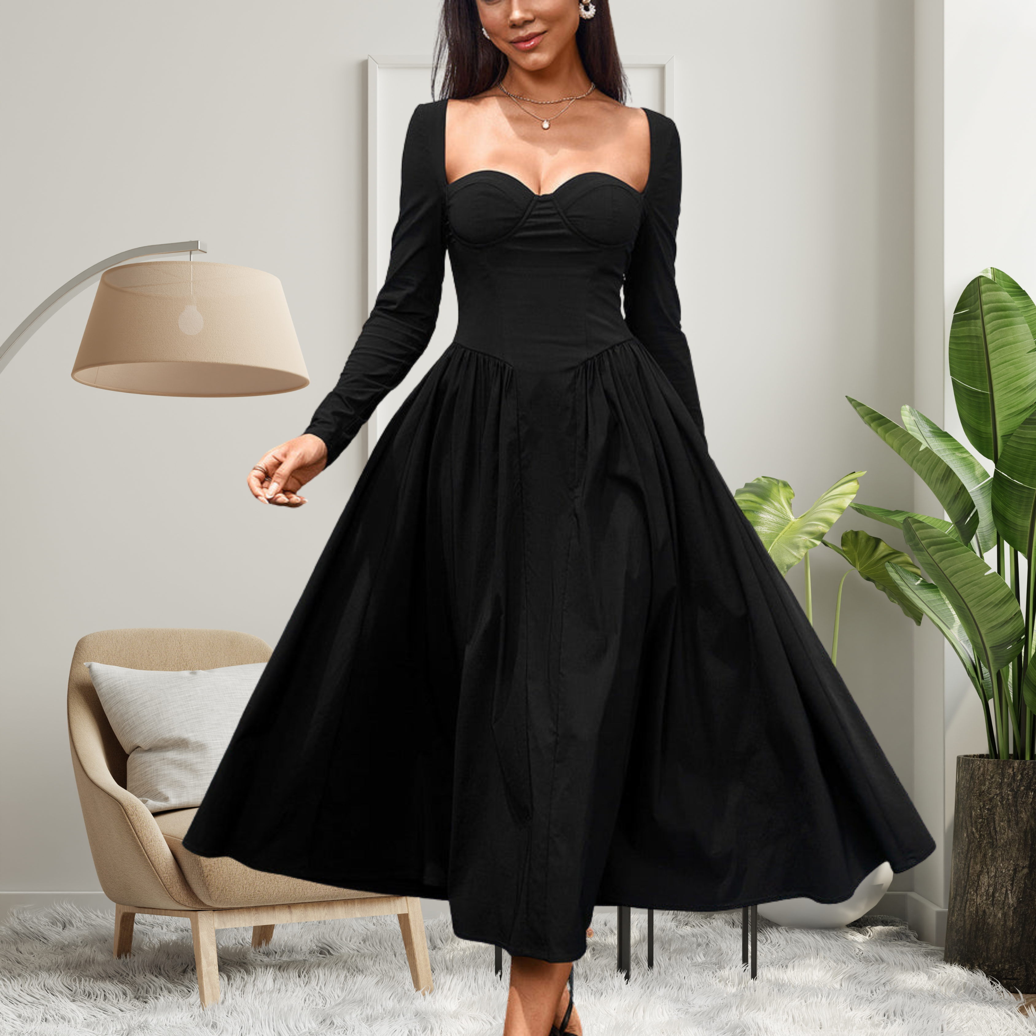 AKILA - Elegant Heart Neckline Long Sleeve A-Line Maxi Dress