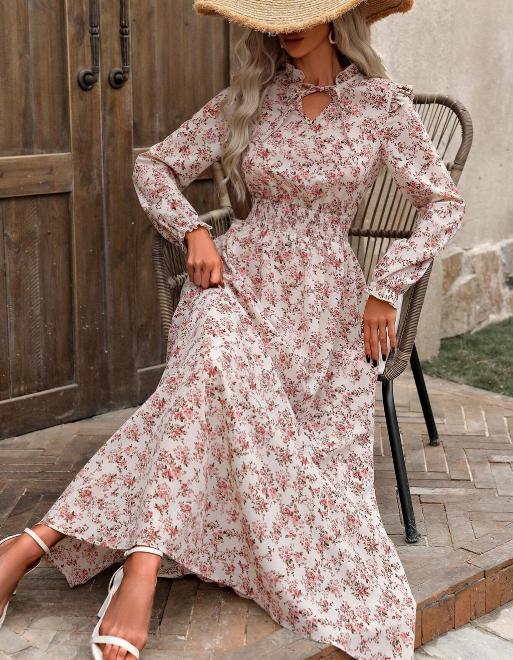 MOREN - Elegant Long Sleeve Floral Print A-Line Dress