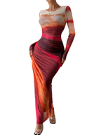 TESSIE - Women's All-Over Print Ruched Bodycon Dress Long Sleeve Round Neck Dress for Party