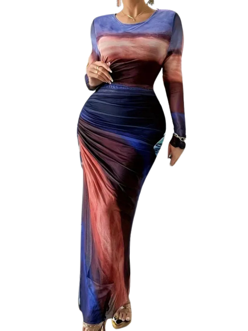 TESSIE - Women's All-Over Print Ruched Bodycon Dress Long Sleeve Round Neck Dress for Party