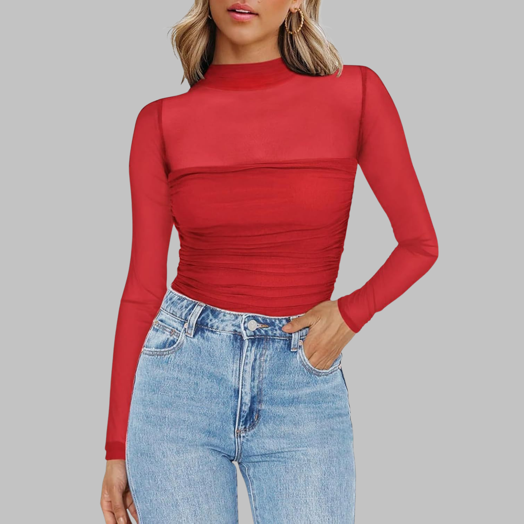 VEGA - Chic Sheer Mesh See-Through Long Sleeve Top