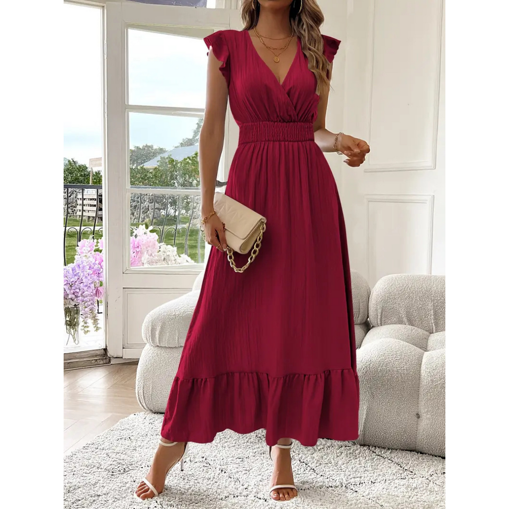 AVALERI - Elegant Shirred V-Neck Summer Maxi Dress