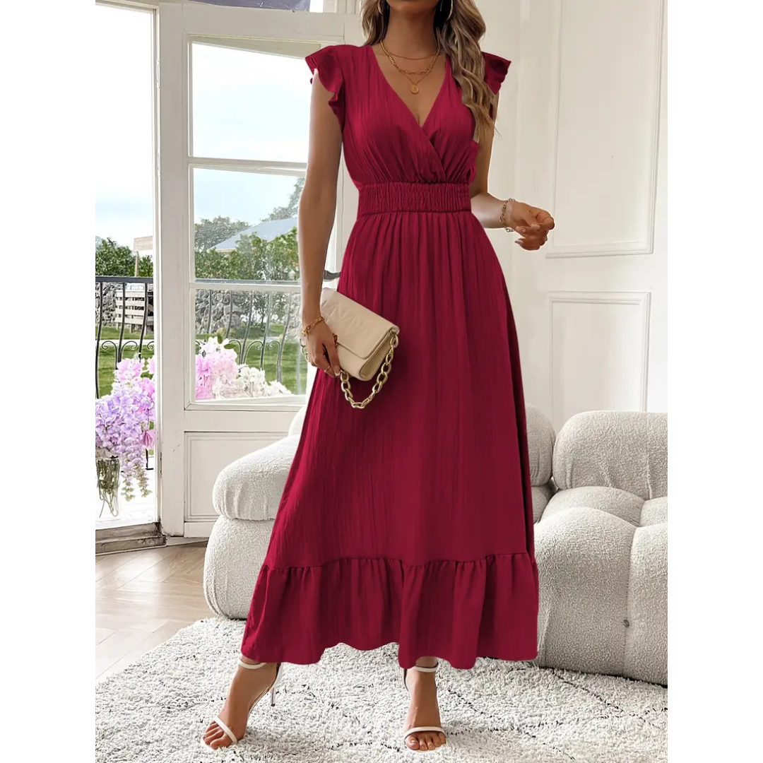 AVALERI - Elegant Shirred V-Neck Summer Maxi Dress