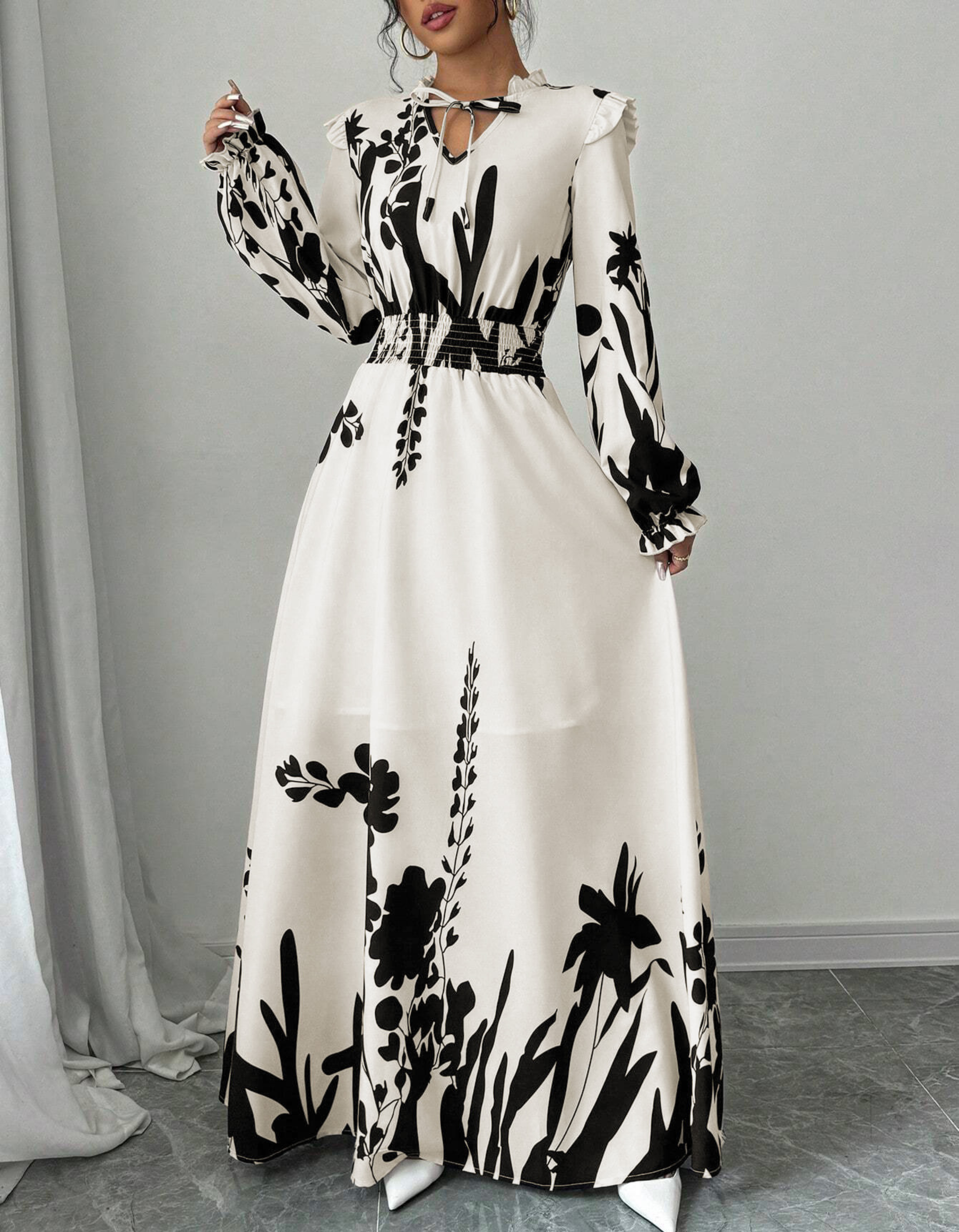 MOREN - Elegant Long Sleeve Floral Print A-Line Dress