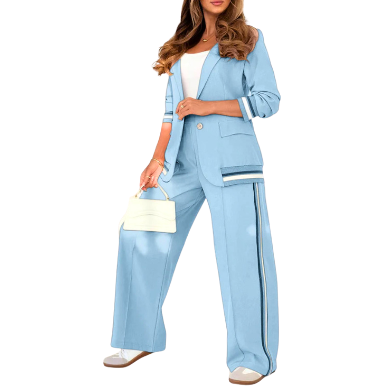 SUZETTE – Elegant Patchwork Lapel Neck Top and Elastic Waist Trouser Set