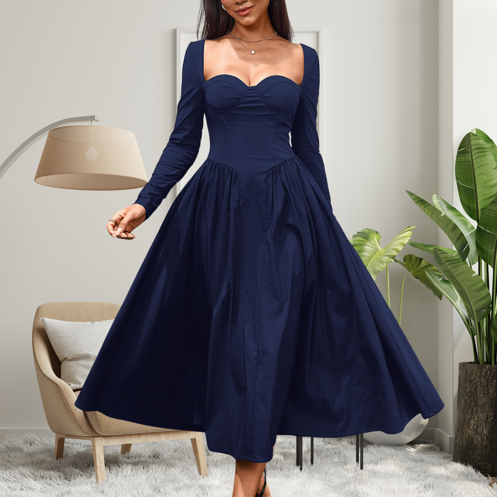AKILA - Elegant Heart Neckline Long Sleeve A-Line Maxi Dress