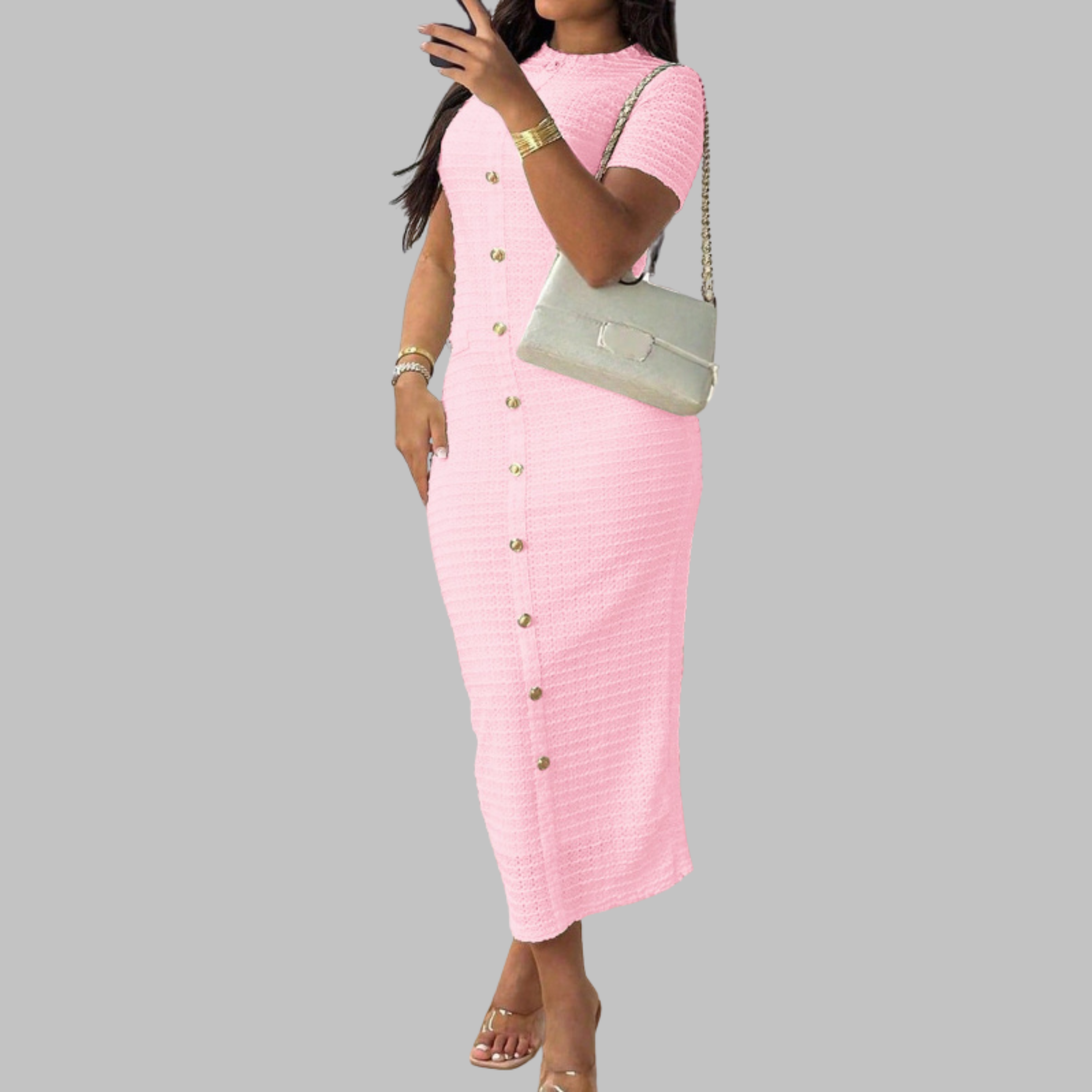 RACHEL - Elegant Round Neck Fake Button Dress