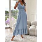 AVALERI - Elegant Shirred V-Neck Summer Maxi Dress