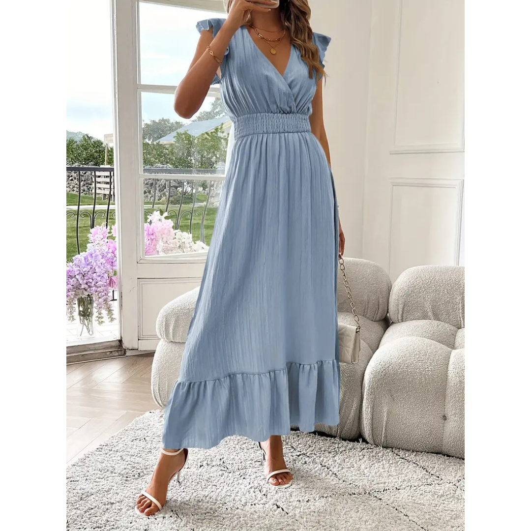 AVALERI - Elegant Shirred V-Neck Summer Maxi Dress