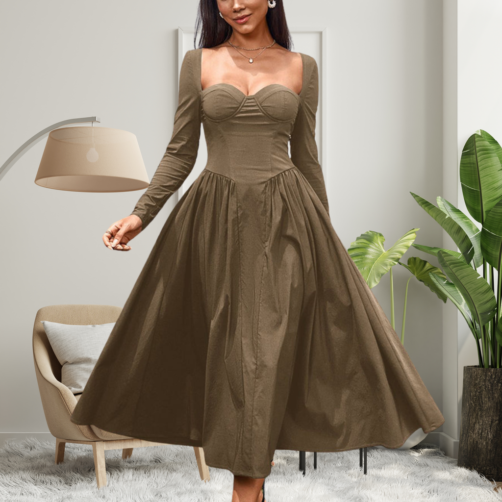 AKILA - Elegant Heart Neckline Long Sleeve A-Line Maxi Dress