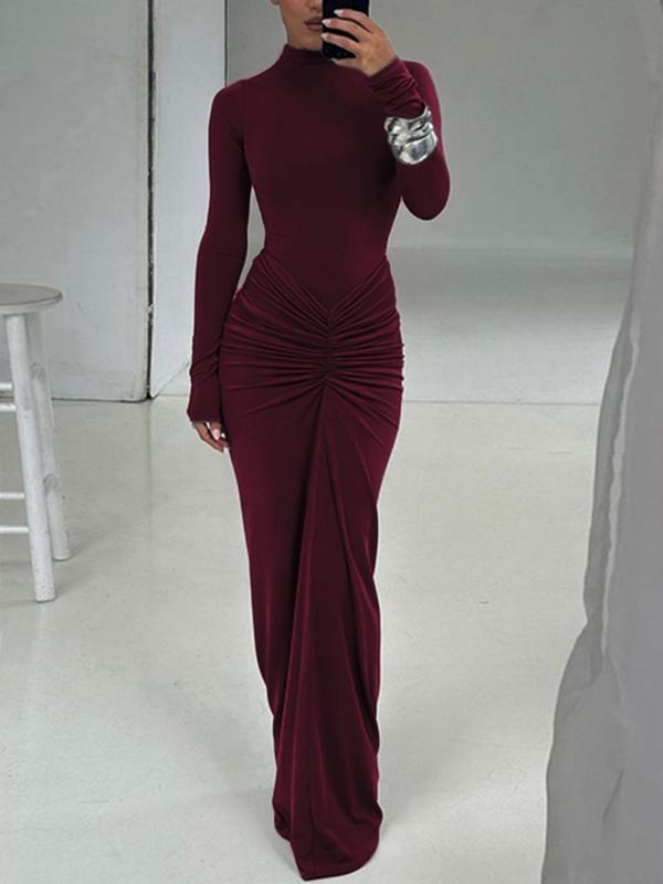 BETTY - Classy Ruched Long Sleeve Mock Bodycon Maxi Dress