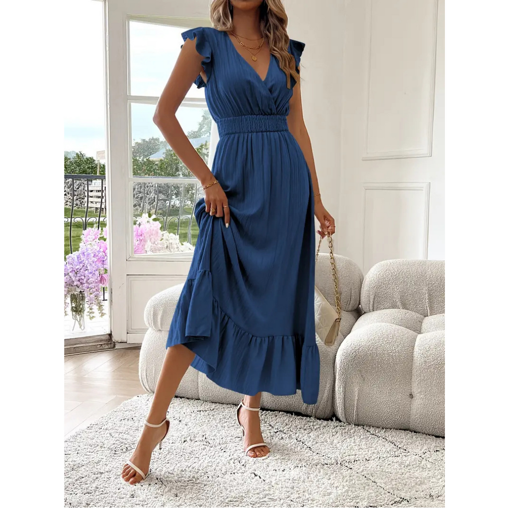 AVALERI - Elegant Shirred V-Neck Summer Maxi Dress