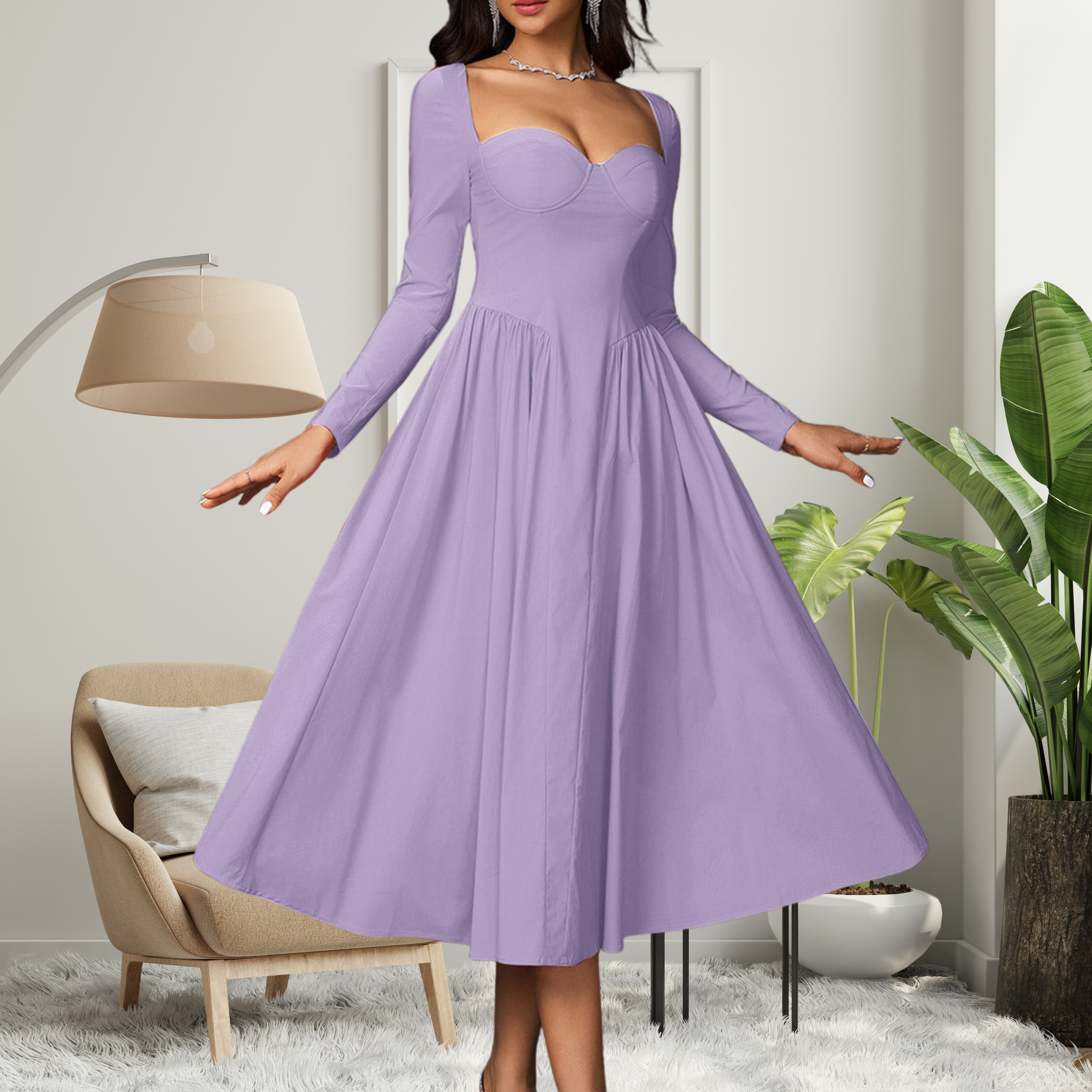 AKILA - Elegant Heart Neckline Long Sleeve A-Line Maxi Dress