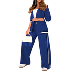 SUZETTE – Elegant Patchwork Lapel Neck Top and Elastic Waist Trouser Set