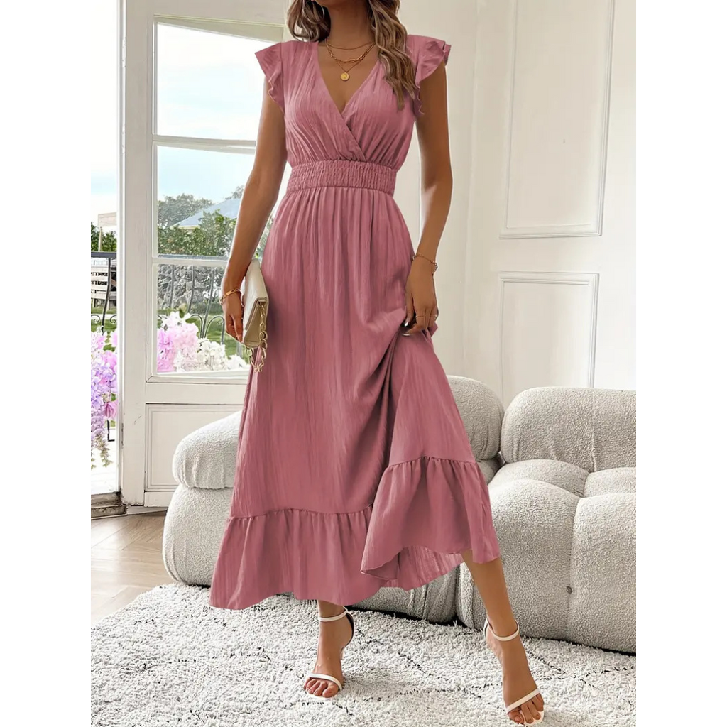 AVALERI - Elegant Shirred V-Neck Summer Maxi Dress