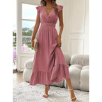 AVALERI - Elegant Shirred V-Neck Summer Maxi Dress