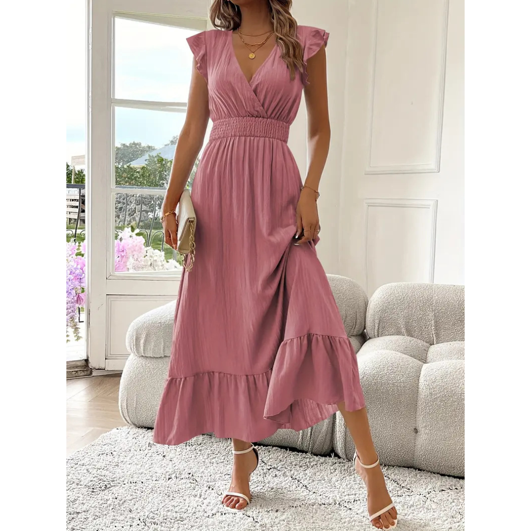 AVALERI - Elegant Shirred V-Neck Summer Maxi Dress