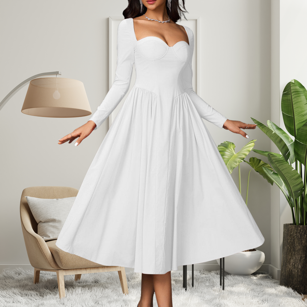 AKILA - Elegant Heart Neckline Long Sleeve A-Line Maxi Dress
