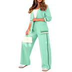 SUZETTE – Elegant Patchwork Lapel Neck Top and Elastic Waist Trouser Set