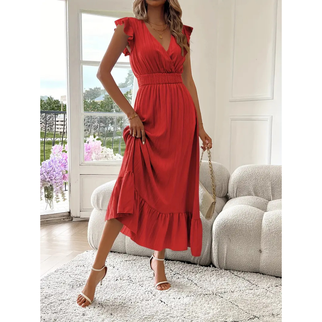 AVALERI - Elegant Shirred V-Neck Summer Maxi Dress