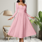 AKILA - Elegant Heart Neckline Long Sleeve A-Line Maxi Dress