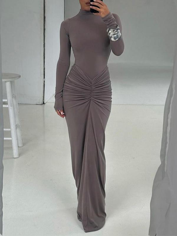 BETTY - Classy Ruched Long Sleeve Mock Bodycon Maxi Dress