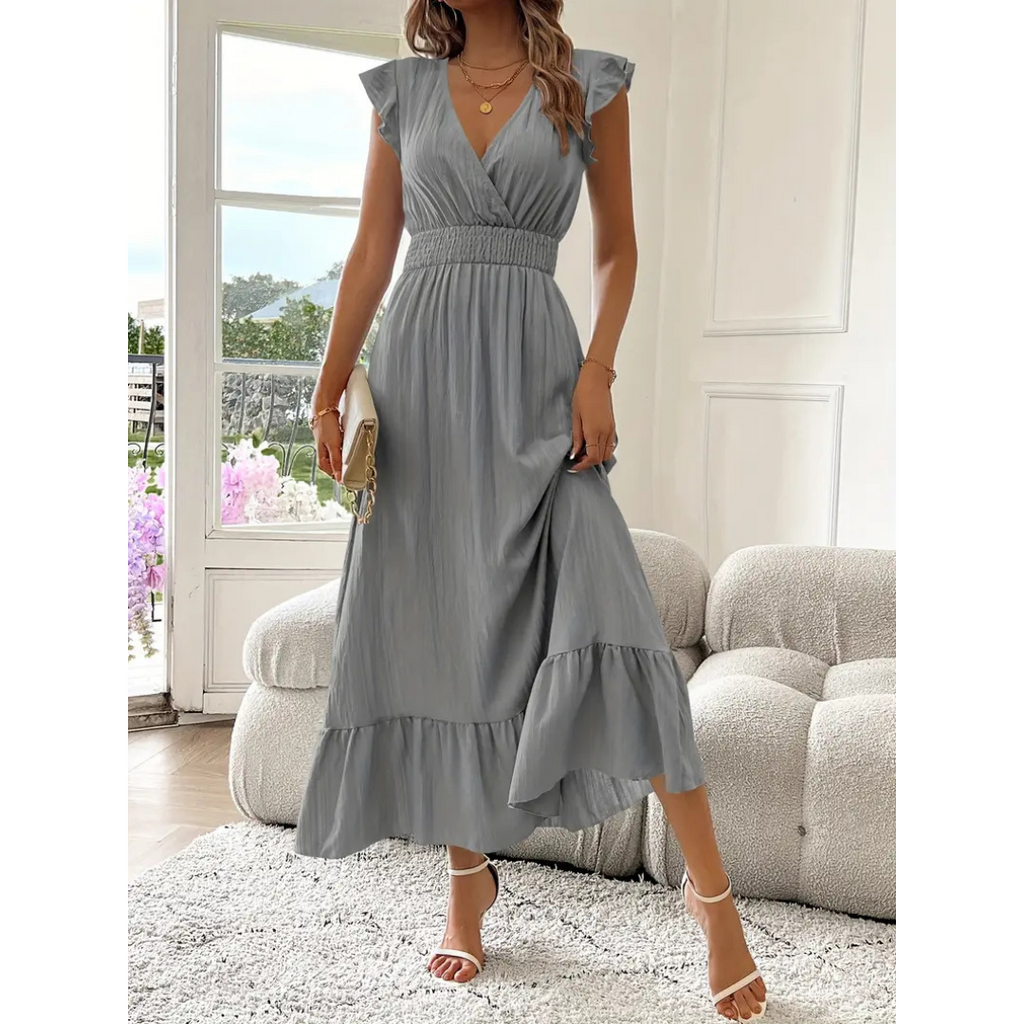 AVALERI - Elegant Shirred V-Neck Summer Maxi Dress
