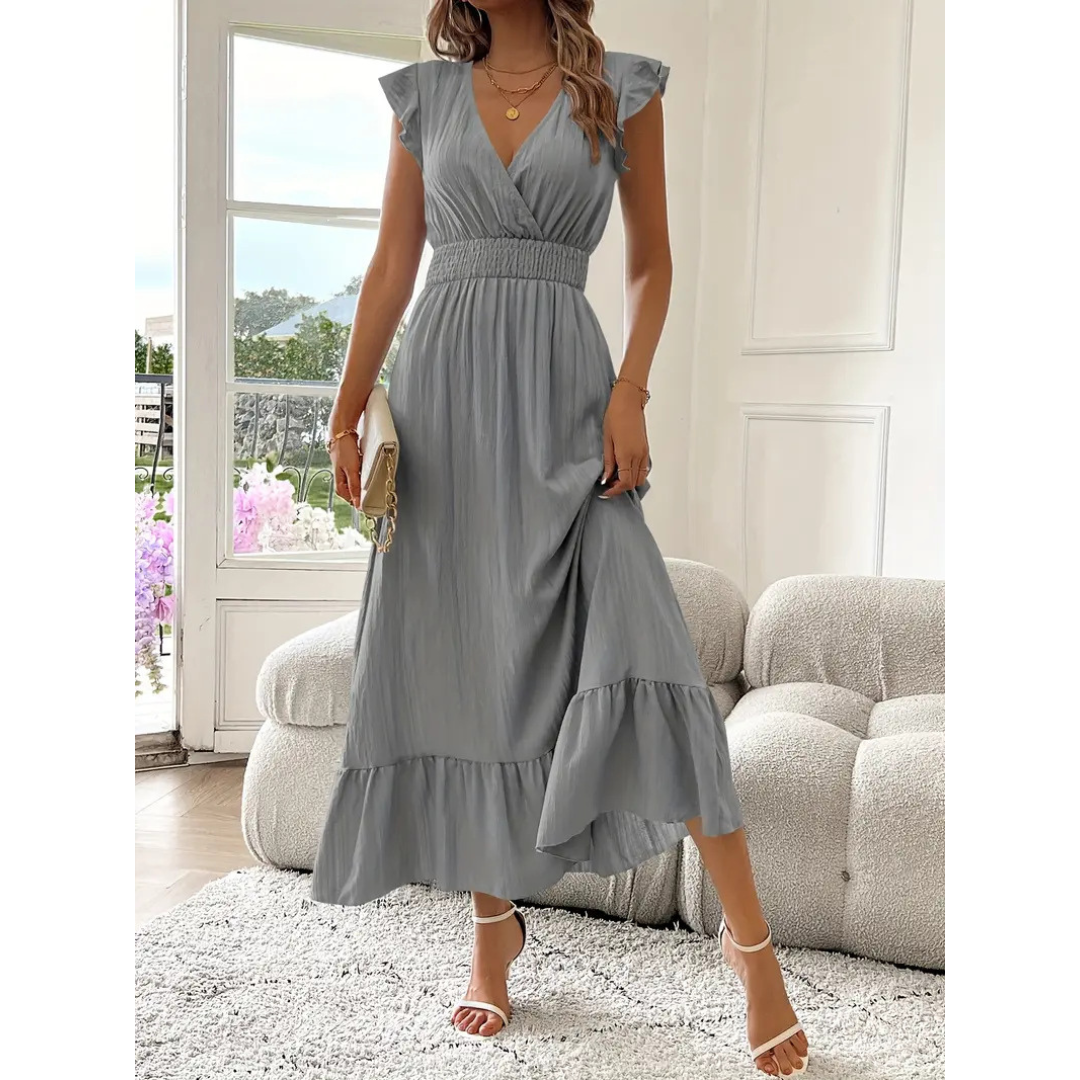 AVALERI - Elegant Shirred V-Neck Summer Maxi Dress