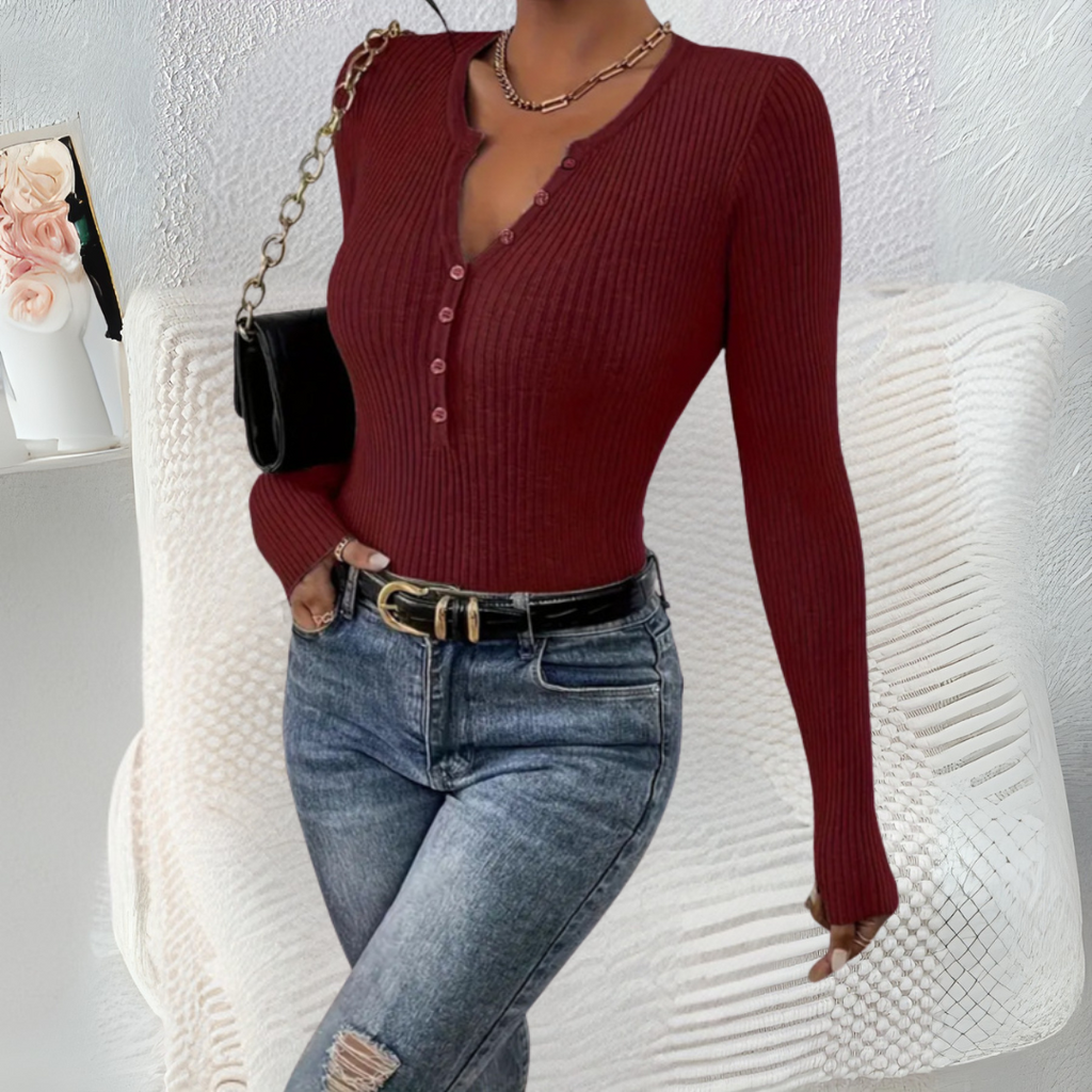 ESTEFANIA – Everyday Button-Front Long Sleeve Top