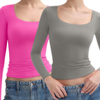 NINA - Scoop Neck Long Sleeve Double Layer Minimalist Top