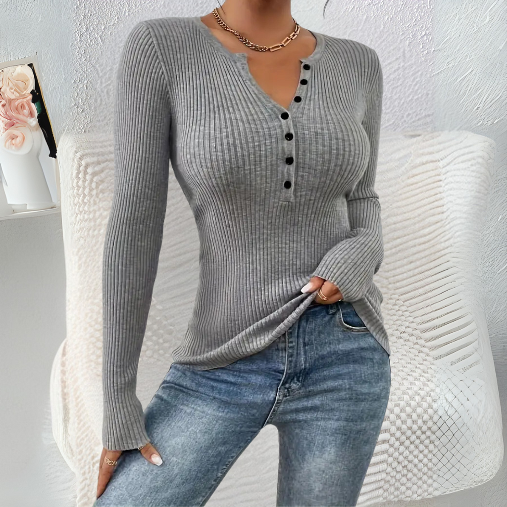 ESTEFANIA – Everyday Button-Front Long Sleeve Top