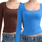 NINA - Scoop Neck Long Sleeve Double Layer Minimalist Top