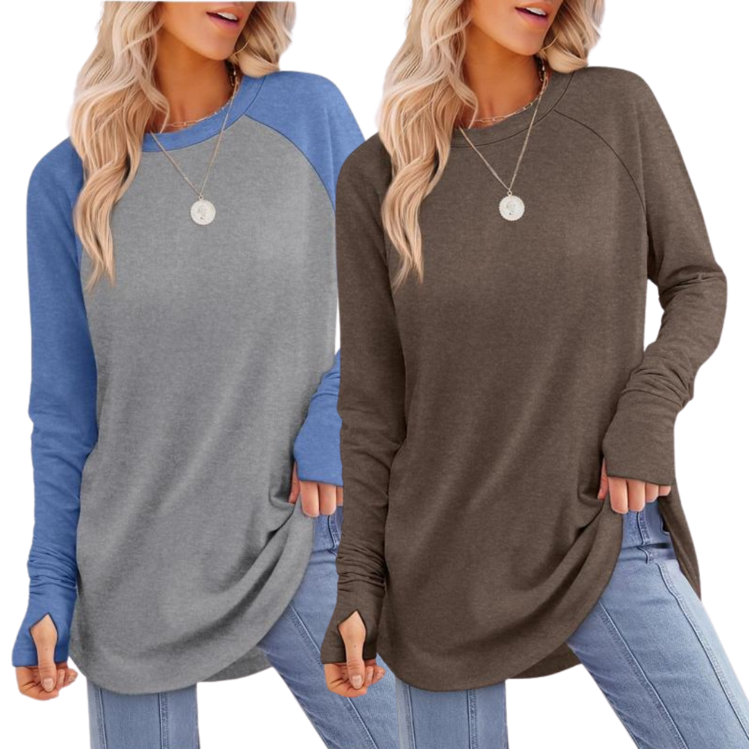 ZARITA - Cozy Long Sleeve Tunic Shirt with Thumb Hole