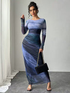 TORINA - Comfy Printed Long Sleeve Round Neck Bodycon Maxi Dress