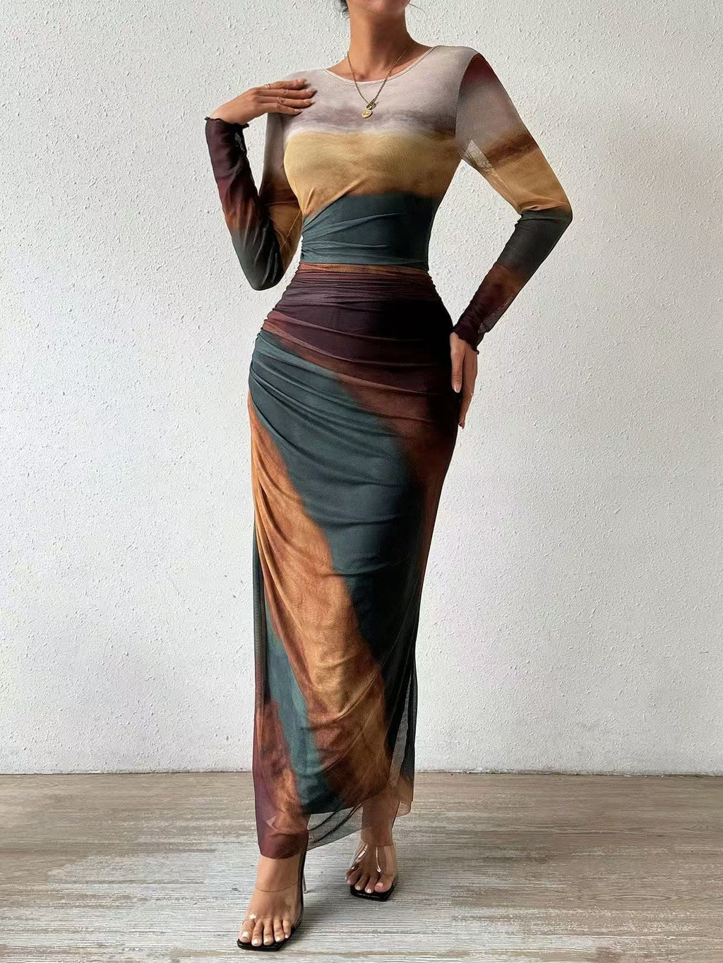 TORINA - Comfy Printed Long Sleeve Round Neck Bodycon Maxi Dress